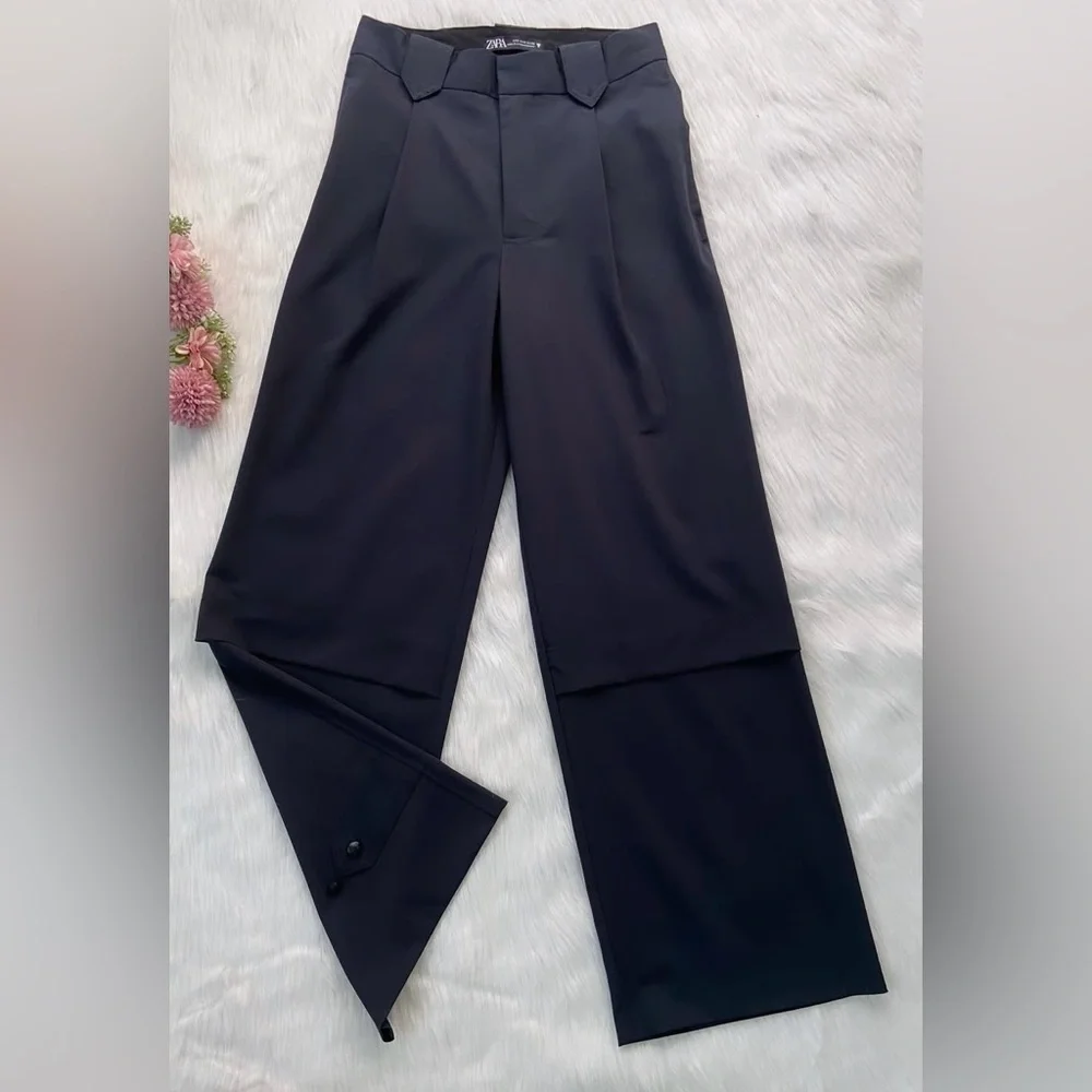 NWT Zara Wide Leg Trousers Navy Blue Pants Poly / Viscose / Elastane Blend Large - Picture 6 of 12